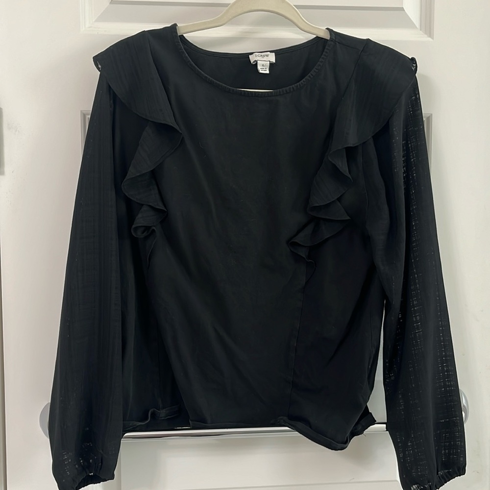 J Crew long sleeve blouse. Flutter trim shoulder.  Sheer elastic cuffed sleeves